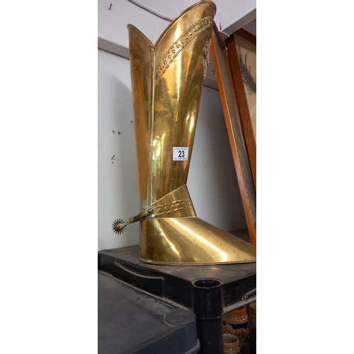 23 - A tall brass boot with spur as a poker/fireside stand COLLECT ONLY