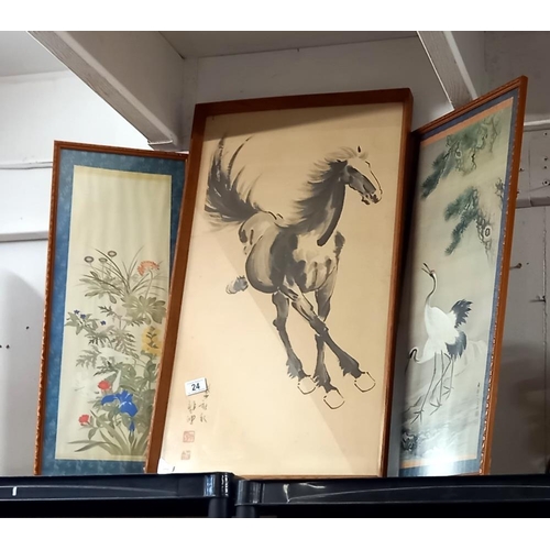 24 - 2 Chinese silk pictures & a large framed & glazed print of a Stallion COLLECT ONLY