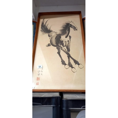 24 - 2 Chinese silk pictures & a large framed & glazed print of a Stallion COLLECT ONLY