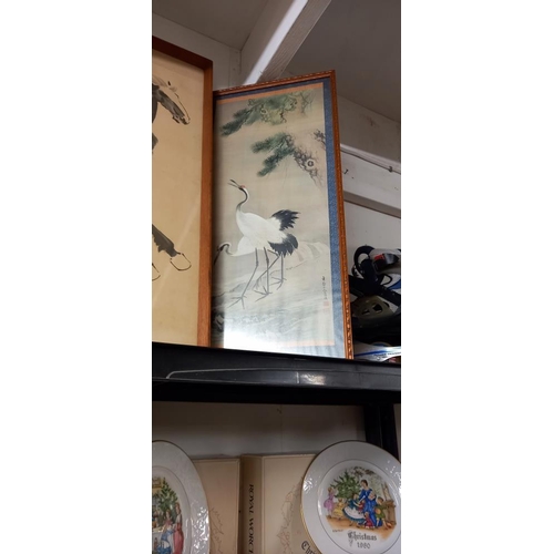 24 - 2 Chinese silk pictures & a large framed & glazed print of a Stallion COLLECT ONLY