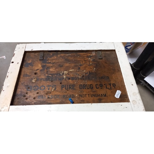 33 - A wooden box, reads 'Boots pure drug co Ltd Balesdale Road, Nottingham' on lid COLLECT ONLY