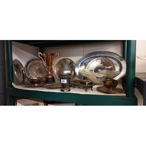 51 - A quantity of silver plate trays etc plus 2 silver based bowls (both a/f)