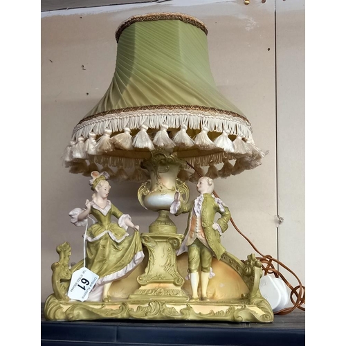 61 - A green bisque porcelain figural table lamp. COLLECT ONLY