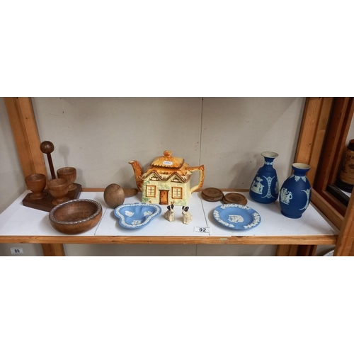 92 - 2 old Wedgwood vases, cottage ware teapot, wooden items etc