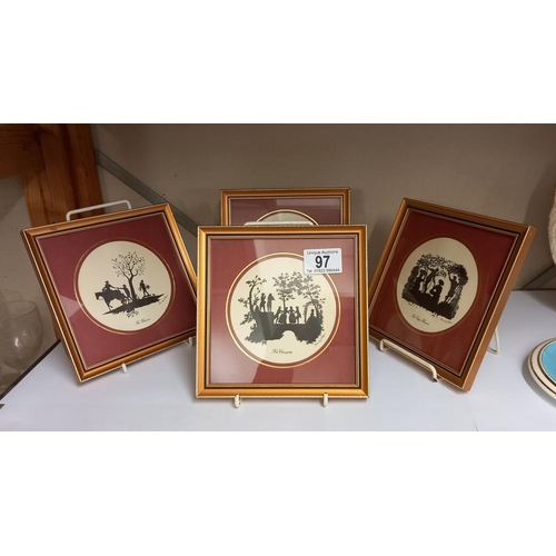 97 - 4 framed and glazed miniature silhouette scenes 17cm x 17cm