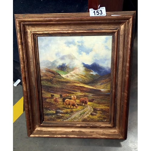 153 - A vintage gilt framed overpainted print of Highland cattle in the shadow of mountains signed l.B Hun... 