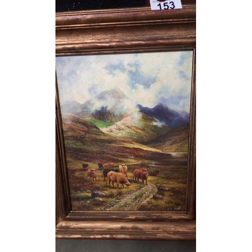 153 - A vintage gilt framed overpainted print of Highland cattle in the shadow of mountains signed l.B Hun... 