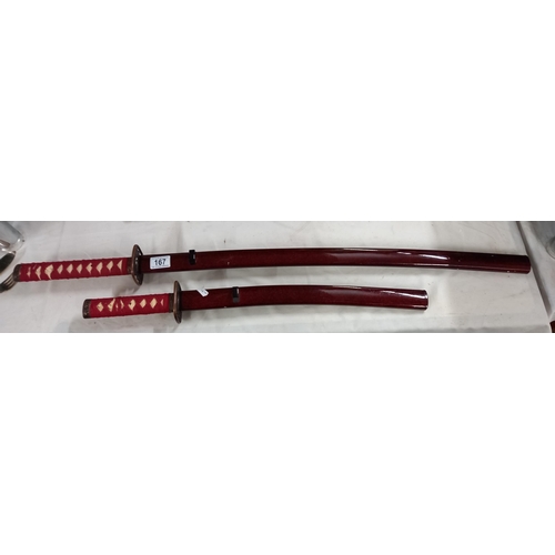 167 - A 2 piece replica Samurai sword set in lacquered red high gloss finish (Katana and Wakizashi) COLLEC... 