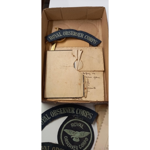 195 - Royal Observer Corps cloth badges and quantity of vintage printed ephemera