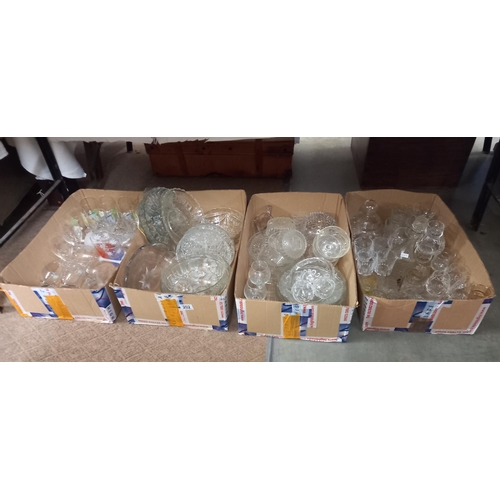 202 - 4 boxes of vintage glassware including cake stands, bowls etc