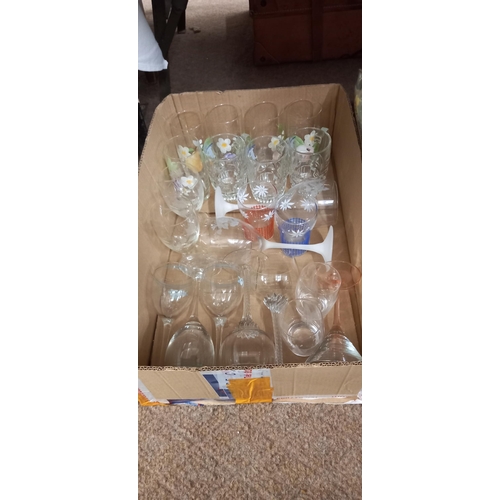 202 - 4 boxes of vintage glassware including cake stands, bowls etc