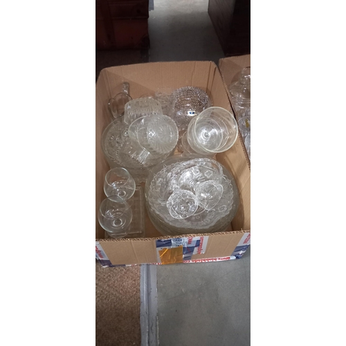 202 - 4 boxes of vintage glassware including cake stands, bowls etc