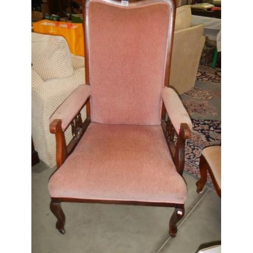 747 - A wood framed pink upholstered arm chair, COLLECT ONLY.