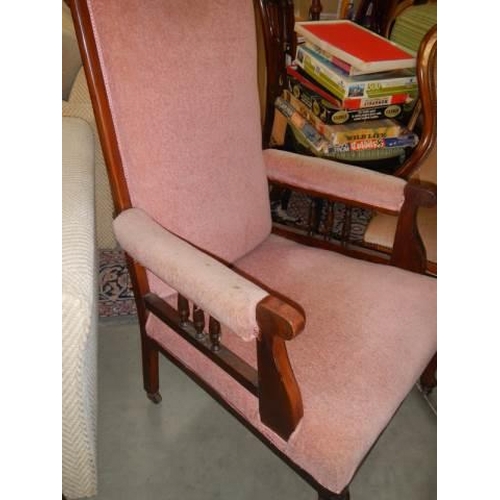 747 - A wood framed pink upholstered arm chair, COLLECT ONLY.