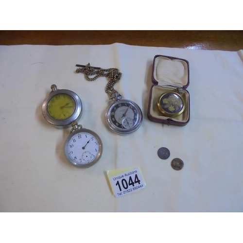 1044 - Three old pocket watches a/f, one on brass chain and a dried flower in case.