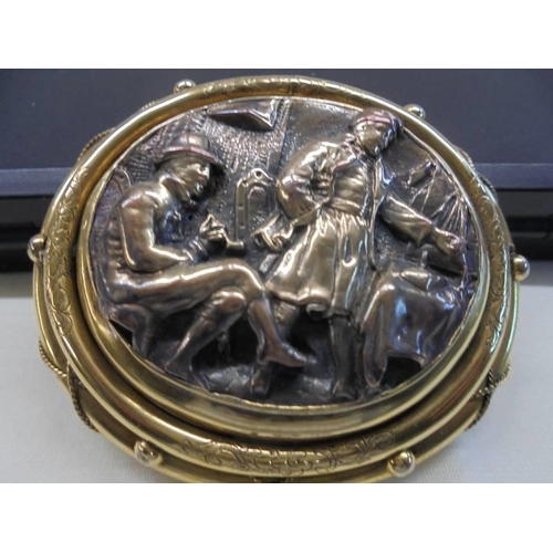 1052 - An interesting 19th century swivel brooch depicting an interior scene with two gentleman, locket bac... 