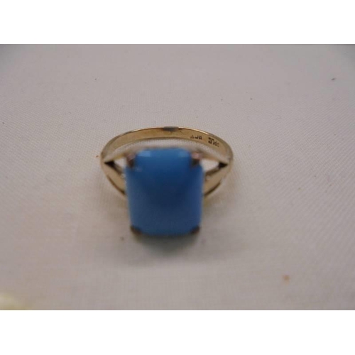 1057 - A vintage ring set with a turquoise coloured stone, stamped 9ct with openwork shoulders, size K, 2.2... 