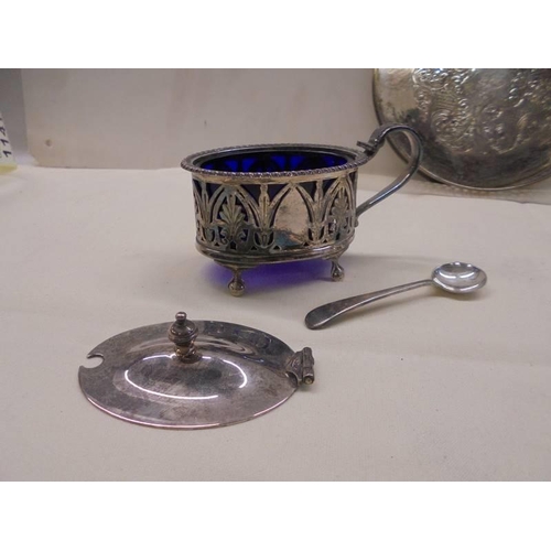 1125 - A silver plate three piece condiment set on tray (mustard pot lid needs repair).