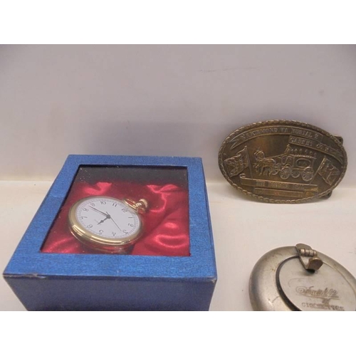 1131 - A mixed lot including pocket watches, brass buckle, travelling colapsible beaker etc.,