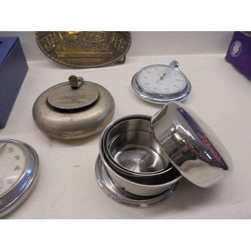 1131 - A mixed lot including pocket watches, brass buckle, travelling colapsible beaker etc.,