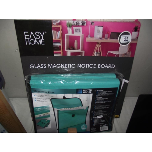 22 - A boxed glass magnetic notice board and a file organiser COLLECT ONLY