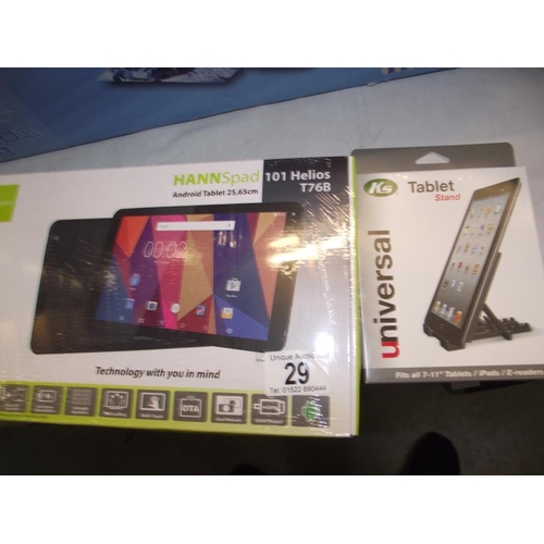 29 - A boxed Hannspad android tablet and a KS tablet stand