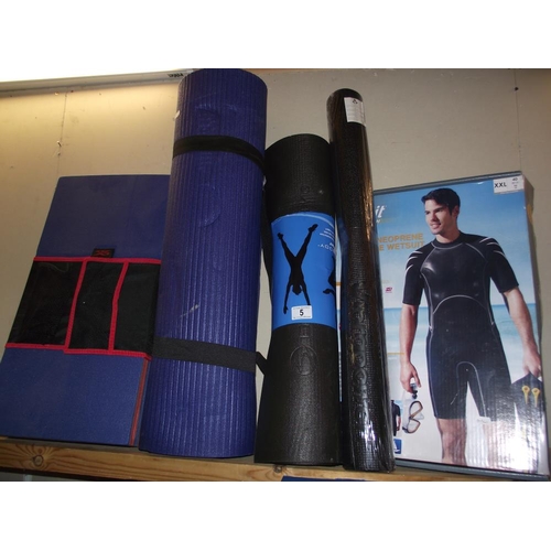 5 - A quantity of yoga/excercise mats and a Shortie wetsuit size xxl COLLECT ONLY