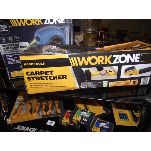 70 - Workzone Air hose reel, carpet stretcher, punch pliers, wire stripper etc