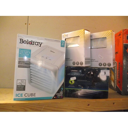 9 - 2 boxed floodlights with motion sensor, LED solar spotlight, Beldray Icecube (cools and humidifies)