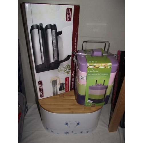 20 - A new bread bin, melamine tiffin box and a kitchen roll holder COLLECT ONLY