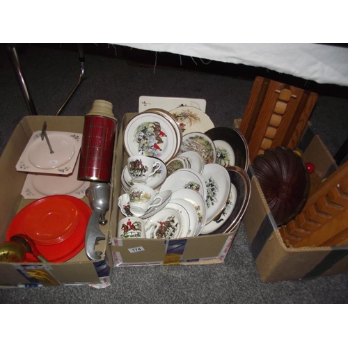 174 - An interesting lot of vintage kitchenalia including Sylvac, hunting scene plates plus coat hooks and... 