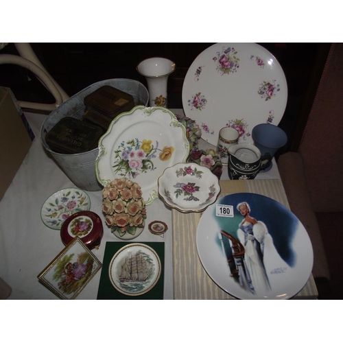 180 - A quantity of misc including Minton, Coalport and a quantity of vintage tobacco tins