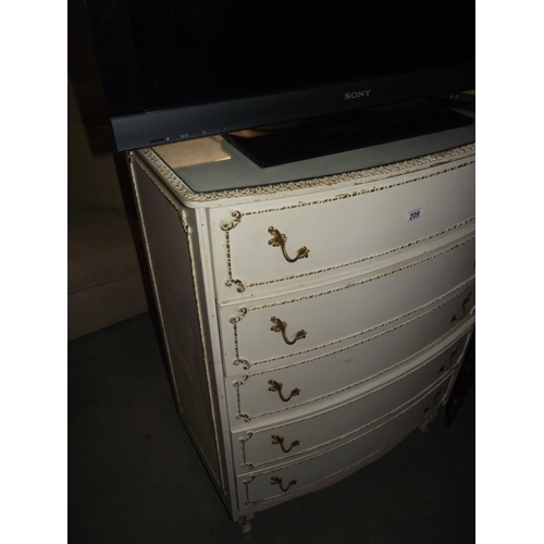 209 - A vintage bow front white bedroom chest of drawers with ormalu decoration  and glass top COLLECT ONL... 