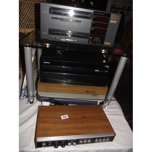 255 - A Garrard record deck (lid a/f), Amstrad double decker VHS player, teleton stereo amplifier SAQ 307 ... 