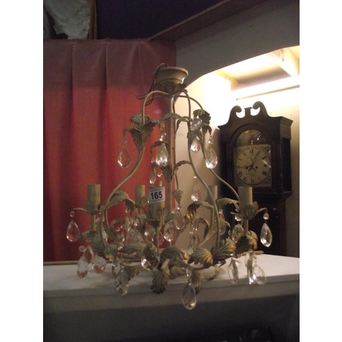 165 - A Tole ware style metal chandelier light with glass droppers