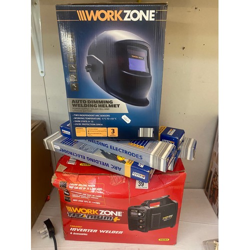 39 - A boxed WorkZone Inverter Welder and a boxed WorkZone Auto Dimming Welding Helmet