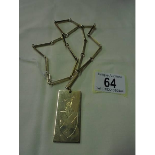 64 - A 9ct gold coat of arms pendant on a good 9ct gold chain, Birmingham hall mark, maker D B. 58.5 gram... 