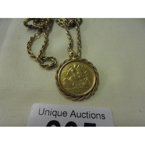 205 - A 1907 Edward VII half sovereign in mount on a gold plated chain (marked 18K) total 14.55 grams.