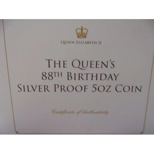 212 - A limited edition 'The Queens 88th Birthday' silver proof 5 oz coin (mintage 199), boxed with certif... 