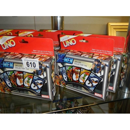 610 - A collection of 14 boxed UNO Marvel X-Men collectors cards with card game.