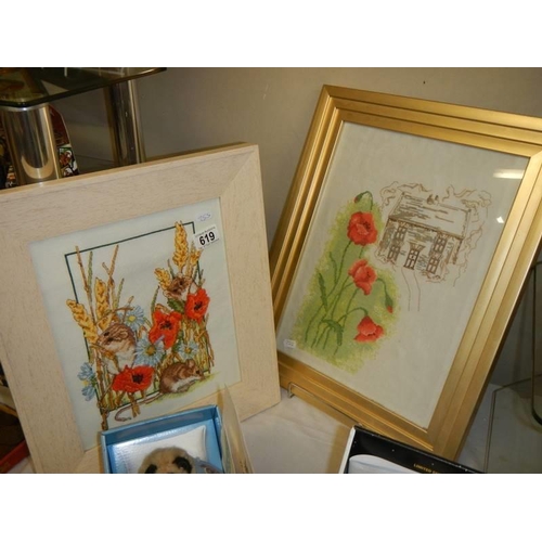 619 - Two framed and glazed tapestries featuring poppies, COLLECT ONLY.