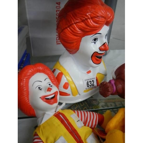 632 - A Ronald McDonald money box and two Mcdonald figures (plastic head and soft body) from '97 collectio... 