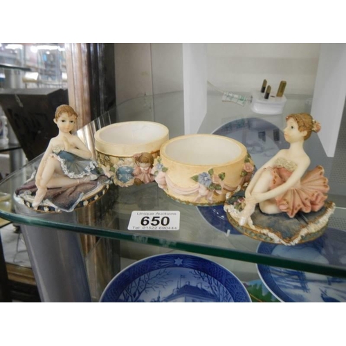 650 - Two trinket boxes with ballerina's on top.