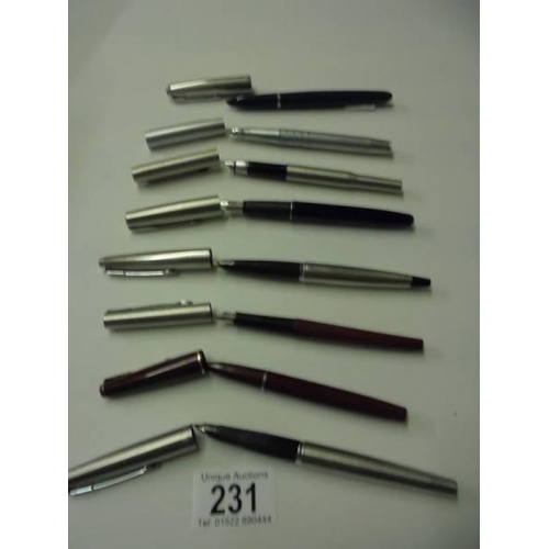 231 - Eight assorted Parker fountain pens, all in good condition.