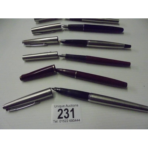 231 - Eight assorted Parker fountain pens, all in good condition.