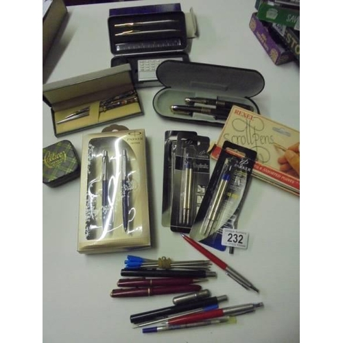 232 - An assortment of writing implements including Parker pen sets, fountain pen with gold nib, other box... 