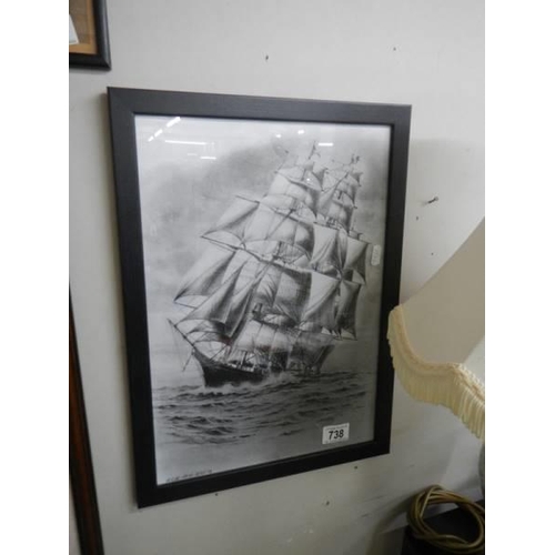 738 - A black and white print of a sailing ship, COLLECT ONLY.