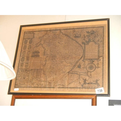 739 - A framed antique map of Lincolnshire. COLLECT ONLY.