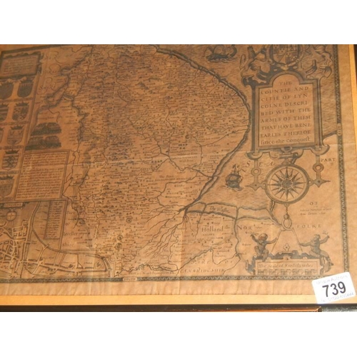 739 - A framed antique map of Lincolnshire. COLLECT ONLY.