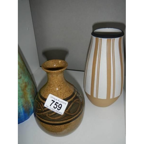 759 - Three pottery vases by Myott, Demby and Holbham.